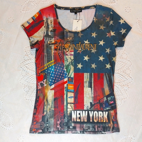 Yves St Laurent Inspired New York Novelty Print Short Sleeve Top Sz M - Picture 1 of 10